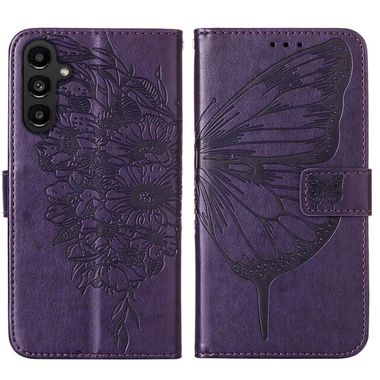 Peněženkové kožené pouzdro Embossed Butterfly pro Samsung Galaxy A05s - Tmavě fialová