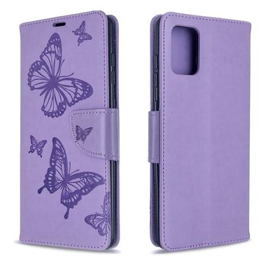 Peněženkové pouzdro kožené Embossing Two Butterflies na Samsung Galaxy A71 -fialové