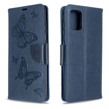 Peněženkové kožené pouzdro Embossing Two Butterflies pro Samsung Galaxy A71 - Modrá
