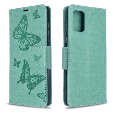 Peněženkové kožené pouzdro Embossing Two Butterflies pro Samsung Galaxy A71 - Zelená