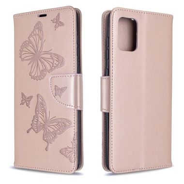 Peněženkové pouzdro kožené Embossing Two Butterflies na Samsung Galaxy A71 -zlaté