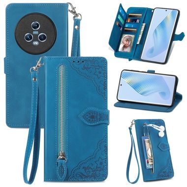 Peněženkové kožené pouzdro Flower Zipper na Honor Magic5 - Modrá