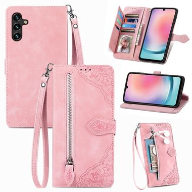 Peněženkové kožené pouzdro Flower Zipper pro Samsung Galaxy A24 - Růžová