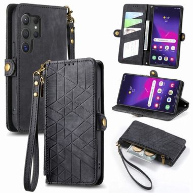 Peněženkové kožené pouzdro Geometric Zipper pro Samsung Galaxy S24 Ultra 5G - Černá