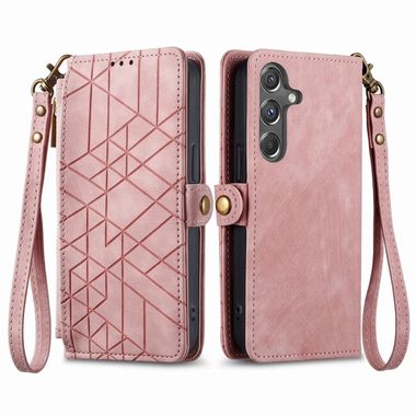 Peněženkové kožené pouzdro Geometric Zipper Wallet na Galaxy A15 4G/5G - Růžová