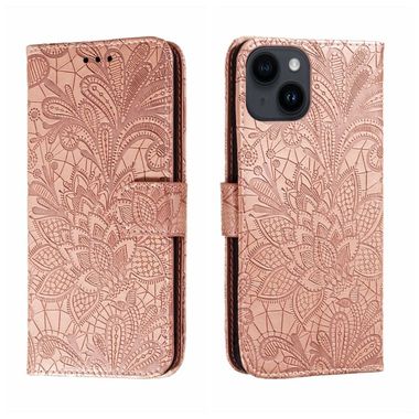 Peněženkové kožené pouzdro Lace na iPhone 15 - Růžové zlato