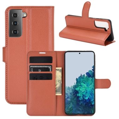 Peňaženkové kožené pouzdro LITCHI  na Samsung Galaxy S21 5G - Hnědá
