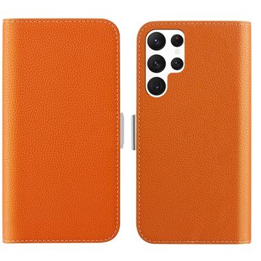 Peňeženkové kožené pouzdro LITCHI pro Samsung Galaxy S23 Ultra 5G – Oranžová