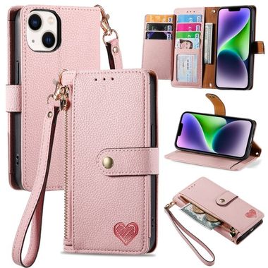 Peněženkové kožené pouzdro Love na iPhone 15 - Růžová