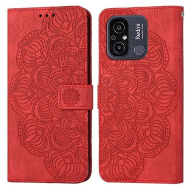 Peněženkové kožené pouzdro Mandala Embossed na Xiaomi Redmi 12C - Červená