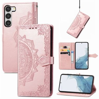 Peňeženkové kožené pouzdro MANDALA pro Samsung Galaxy S23 Ultra 5G – Růžově zlatá