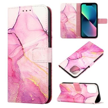 Peňeženkové kožené pouzdro MARBLE pro iPhone 14 - Růžově fialová zlatá
