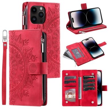 Peněženkové kožené pouzdro Multi-Card pro iPhone 14 Pro - Červená