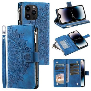 Peněženkové kožené pouzdro Multi-Card pro iPhone 14 Pro - Modrá