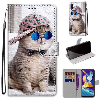 Peneženkové kožené pouzdro na Samsung Galaxy A11 / M11 - Oblique Hat Blue Mirror Cat