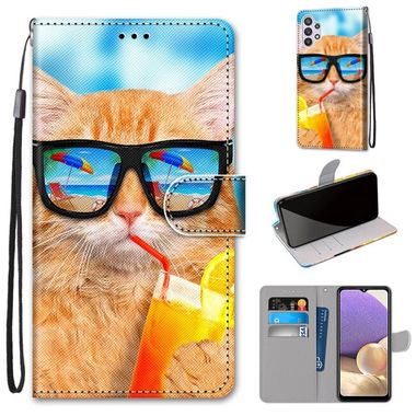Peněženkové kožené pouzdro pro Samsung Galaxy A32 5G – Cat Drinking Soda