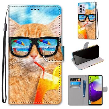 Peňaženkové kožené pouzdro na Samsung Galaxy A52 5G - Cat Drinking Soda