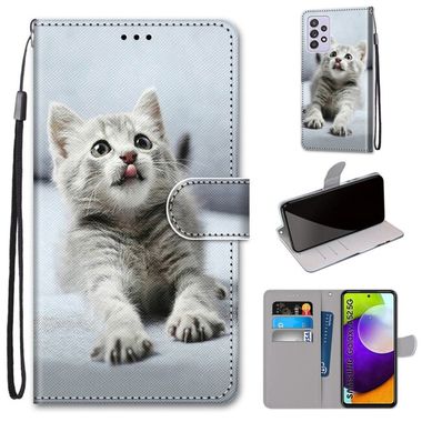 Peňaženkové kožené pouzdro na Samsung Galaxy A52 5G - Small Gray Cat