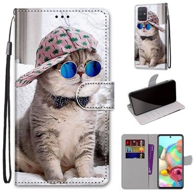 Peneženkové kožené pouzdro na Samsung Galaxy A71 5G - Oblique Hat Blue Mirror Cat