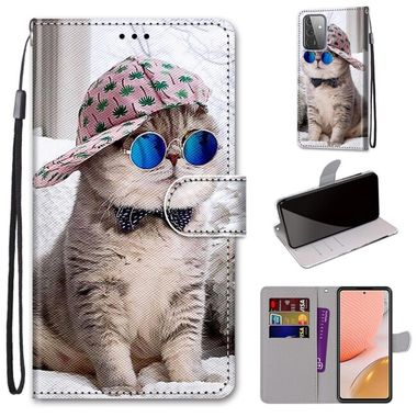 Peňeženkové kožené pouzdro na Samsung Galaxy A72 - Slant Hat Blue Mirror Cat