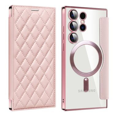 Peněženkové kožené pouzdro Rhombus Shield pro Samsung Galaxy S24 Ultra 5G - Růžová