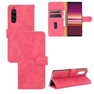 Peňaženkové kožené pouzdro SKIN-FEEL na Sony Xperia 5 - Ružovočervená