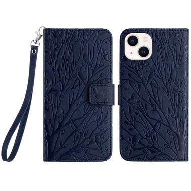 Peněženkové kožené pouzdro Tree Birds pro iPhone 15 - Modrá