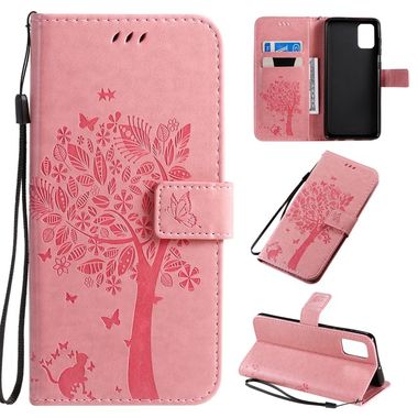 Peněženkové pouzdro kožené Tree & Cat Pattern na Samsung Galaxy A71 -růžové