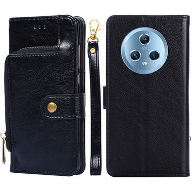 Peněženkové kožené pouzdro Zipper Bag na Honor Magic5 - Černá