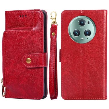Peněženkové kožené pouzdro Zipper Bag na Honor Magic5 Pro - Červená