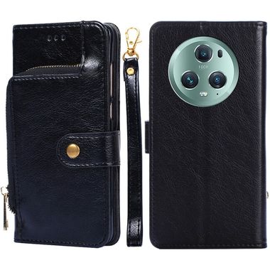 Peněženkové kožené pouzdro Zipper Bag na Honor Magic5 Pro - Černá