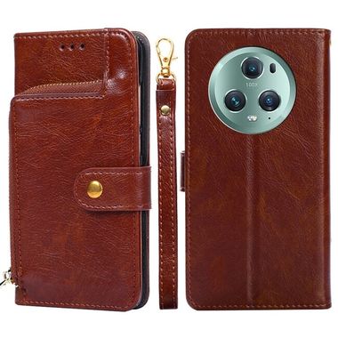 Peněženkové kožené pouzdro Zipper Bag na Honor Magic5 Pro - Hnědá