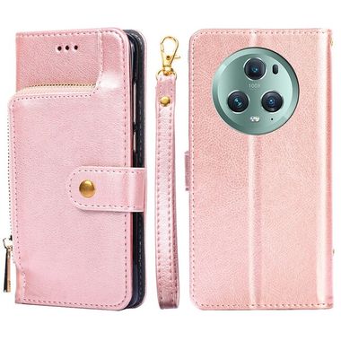 Peněženkové kožené pouzdro Zipper Bag na Honor Magic5 Pro - Růžové zlato