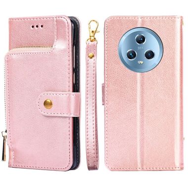 Peněženkové kožené pouzdro Zipper Bag na Honor Magic5 - Růžové zlato