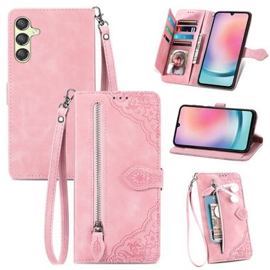 Peněženkové kožené pouzdro Zipper pro Samsung Galaxy A25 5G - Růžová