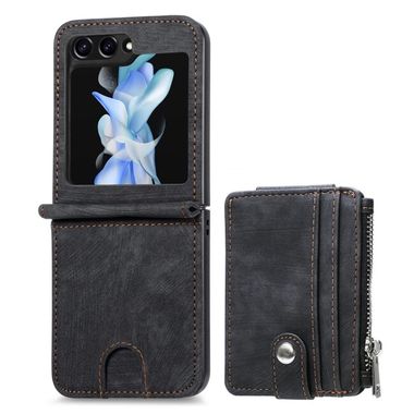 Peněženkové kožené pouzdro Zipper pro Samsung Galaxy Z Flip 5 - Černá
