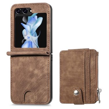 Peněženkové kožené pouzdro Zipper pro Samsung Galaxy Z Flip 5 - Hnědá