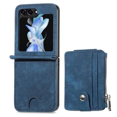 Peněženkové kožené pouzdro Zipper pro Samsung Galaxy Z Flip 5 - Modrá