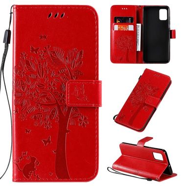 Peněženkové kožené pouzdroTree & Cat Pattern  na Samsung Galaxy A51  červená