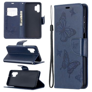 Peňaženkové kožené pouzdro BUTTERFLIES na Samsung Galaxy A32 5G - Modrá