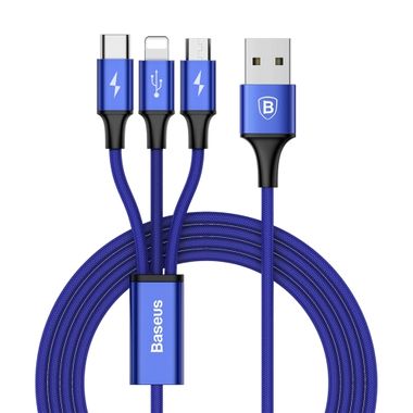 Synchronizační kabel Baseus 3V1  hliníkový(1,5m) - modrá